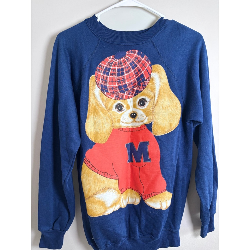 Vintage 80s Sportswear Puppy Dog Plaid Hat Graphic Sweatshirt Navy Blue Medium